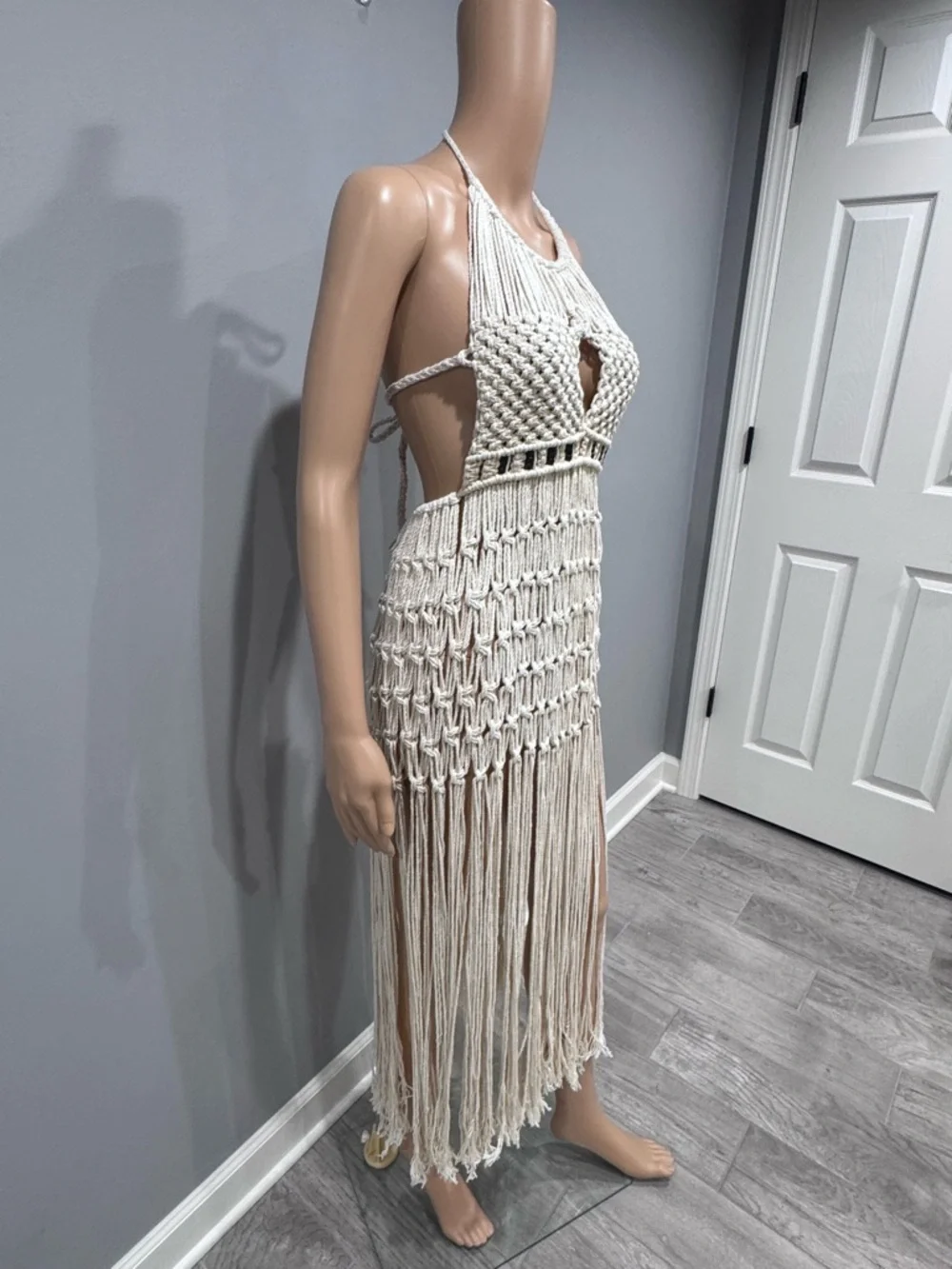 Boho Crochet Macrame Fringe Halter Dress - Cream - Picture 3 of 4